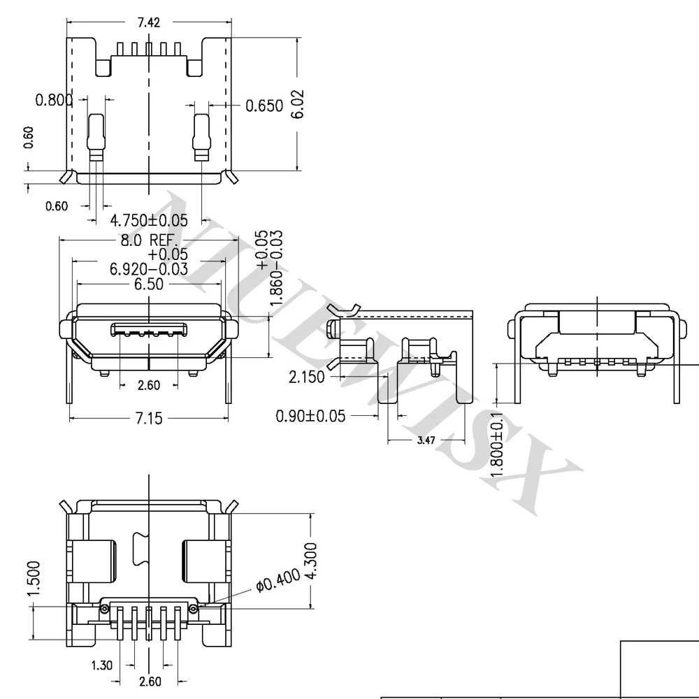 10pcs Micro USB Female Socket 5pin Type B 4 Vertical Legs Soldering Connectors Charging Socket Long feet 1.8mm