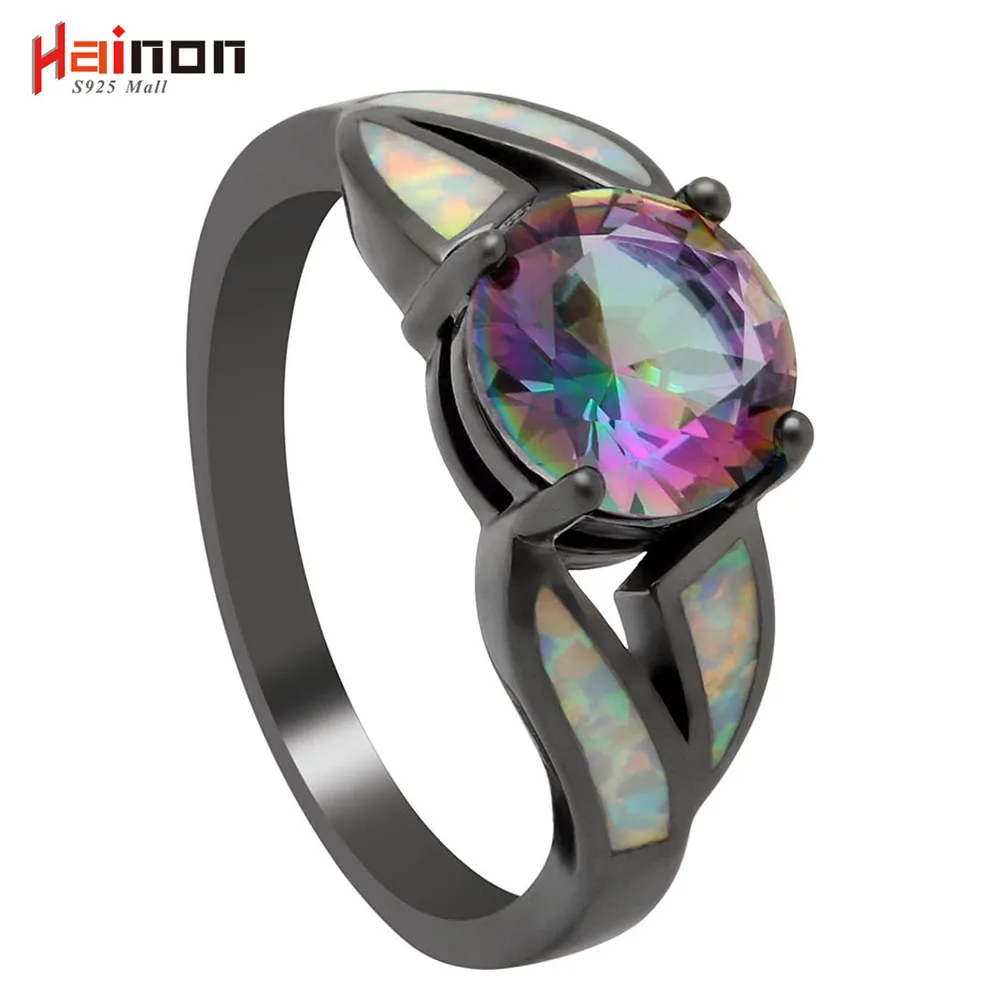 Black Gun Plated Rainbow Cubic Zirconia Fire Opal Rings for Women Hot Sale Fashion Jewelry Unique Party Cocktail Ring