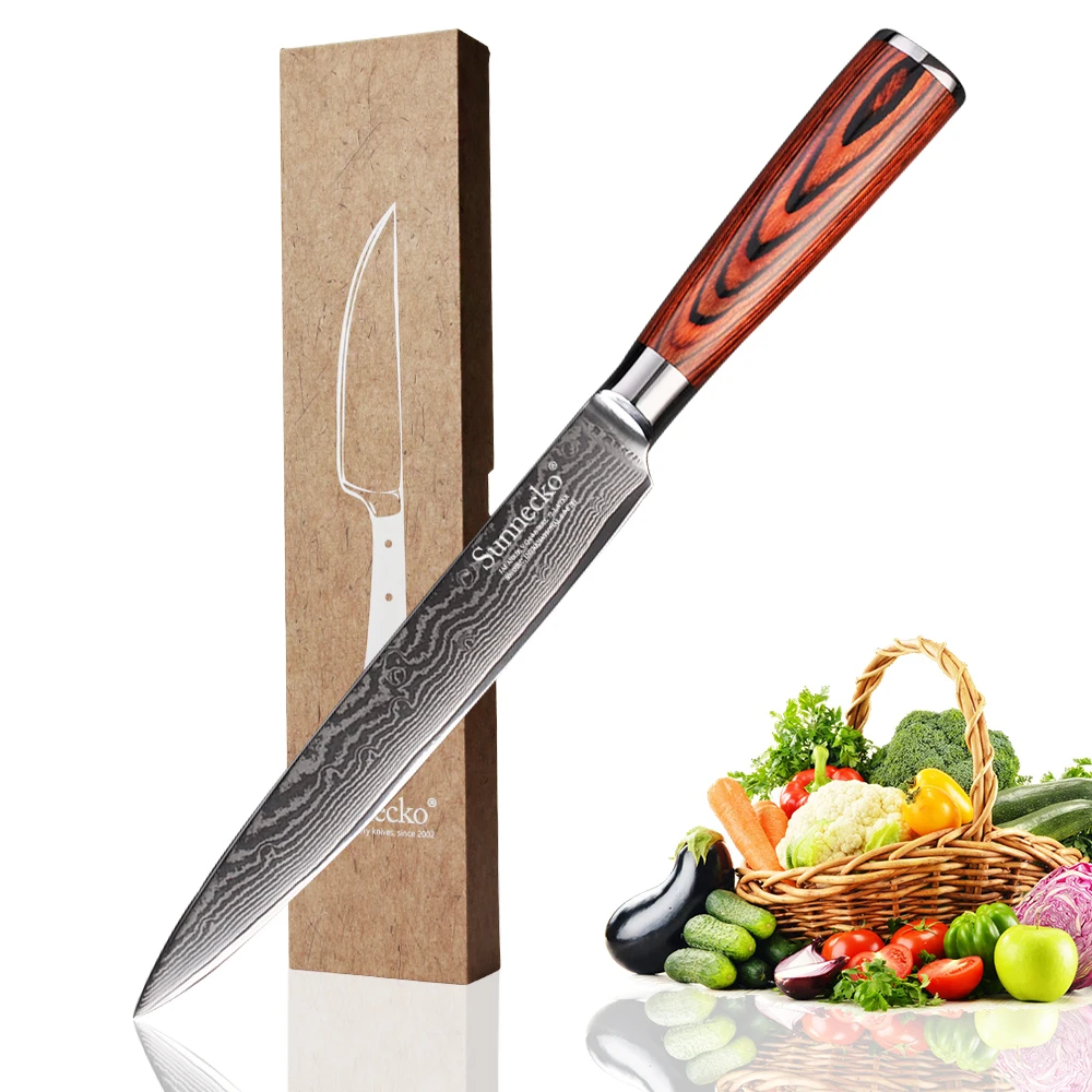 

SUNNECKO 8 inch Slicing Knife Damascus Steel Japanese VG10 Sharp Blade Kitchen Knives Pakka Wood Handle Meat Cutter Chef's Knife