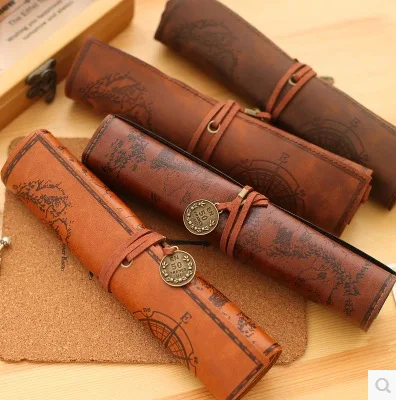 1 Pcs Creative Vintage Pirate Roll  PU Leather Pen Pencil Bag Retro Luxury Roll Wrap Up Cosmetic Pen Case Pouch Purse Bag