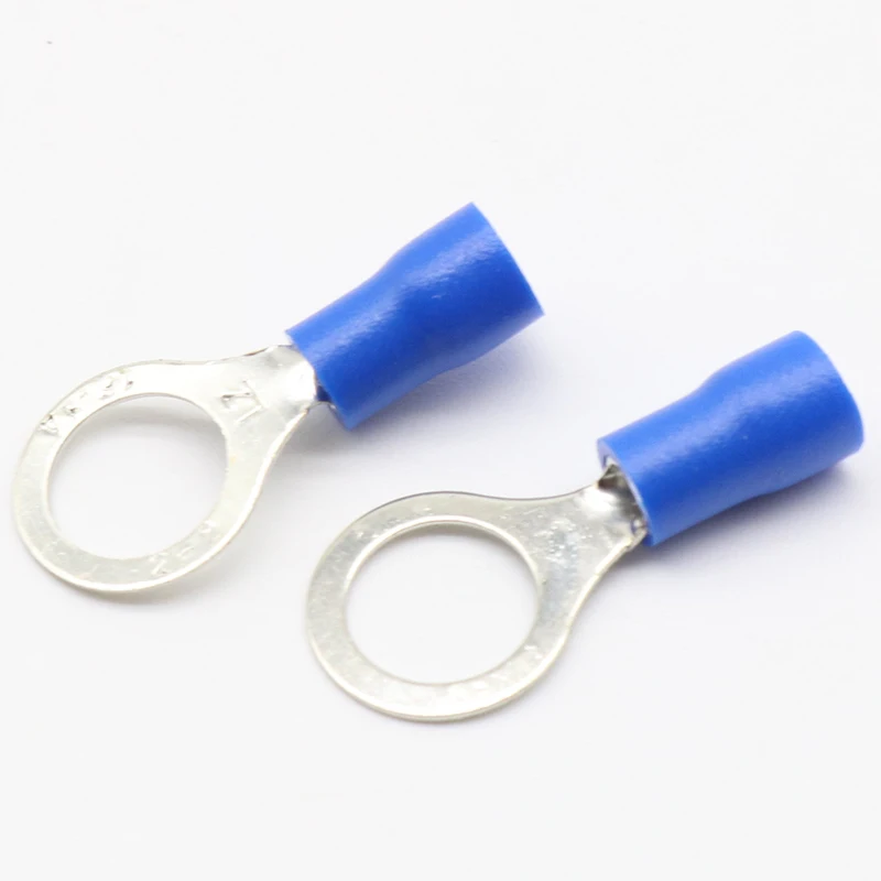 Conector de Cable de terminal aislado de anillo azul, 100 unids/paquete, traje de 1,5-2,5mm, Terminal de crimpado eléctrico RV2-8 RV