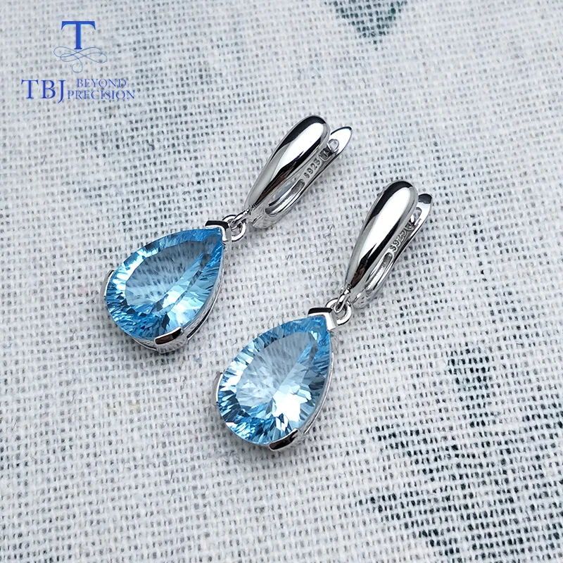 TBJ,Water Drop 13ct Genuine Sky blue topaz concave cut good clasp Earrings Pure 925 Sterling Silver Fine Jewelry For Women gift