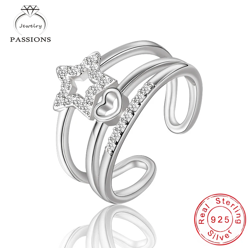 New Fashion 925 Sterling Silver AAA Zircon Adjustable 3 Layer Rings Star&Heart Rhinestone CZ Three Floor Ring Women Jewelry Gift