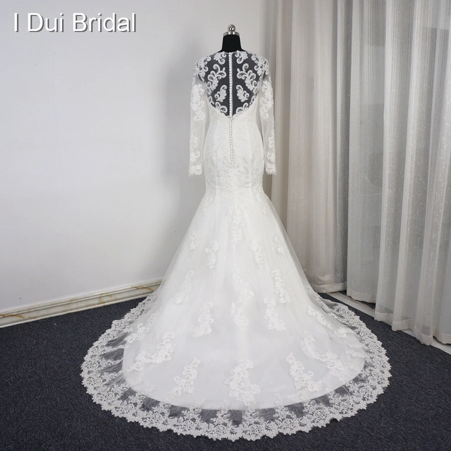 Robe De mariée sirène à manches longues, avec des Appliques en dentelle, Illusion De perles, au dos