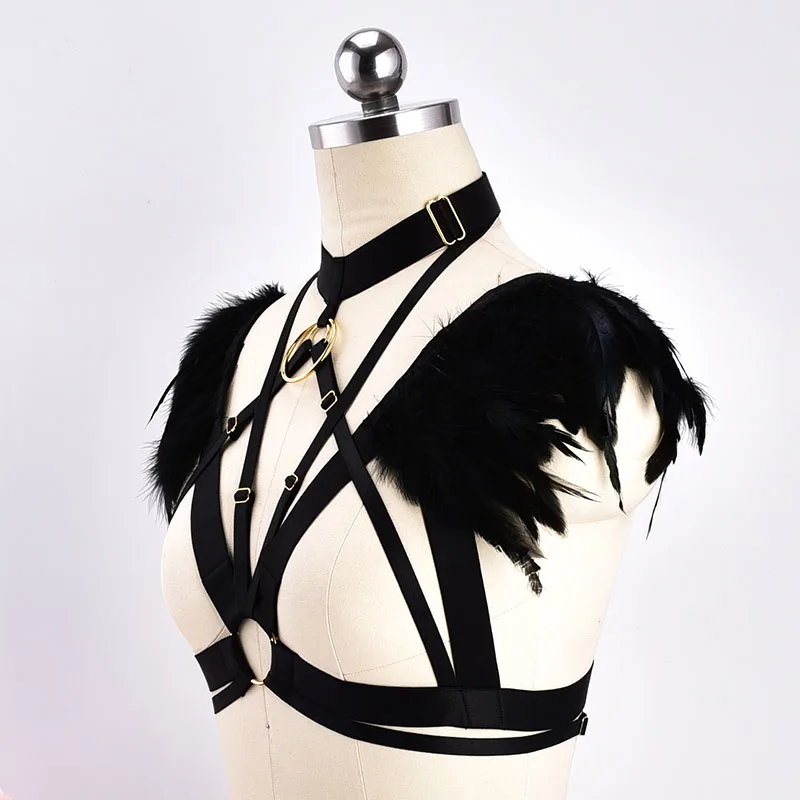 Feather cage / harness bra / Kink / Fetish / Gold Color / Rave / Costume / Samba / Dance / Burlesque / Body Cage / Fetish Wear