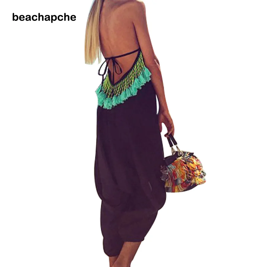 Beach jumpsuit New Fashion Woman Sexy  Backless tassels Sleeveless V-Neck Loose Jumpsuits Summer Female Clothing Large Size