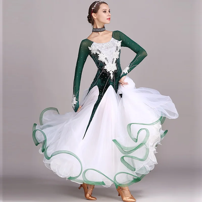 Velvet Stitching Applique Ballroom Dance Competition Dress Standard Dresses Modern Dance Costume Waltz Dress Luminous Costumes