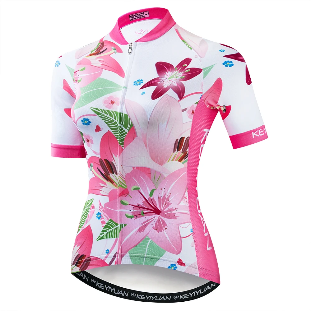 2019 Keyiyuan Summer New Road Racing Bike Riding Equipment Quick Dry Breathable Lady Pink Flower White Short Sleeve Top