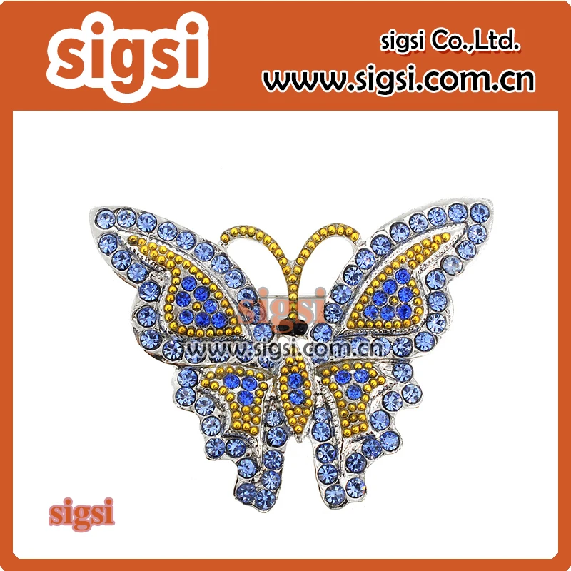 50mm 100pcs blue and yellow rhinestone butterfly brooch for partty clothing supplier