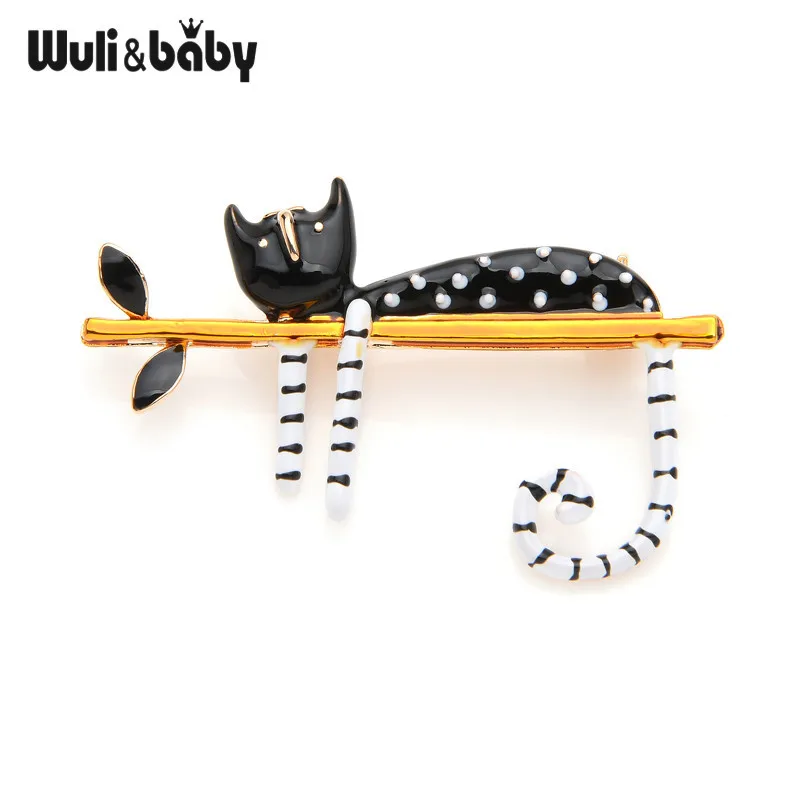 Wuli&baby Lazy Cat Sitting On The Tree Enamel Brooches For Women And Men Bouquet Pin 2019 New Fashion Jewelry