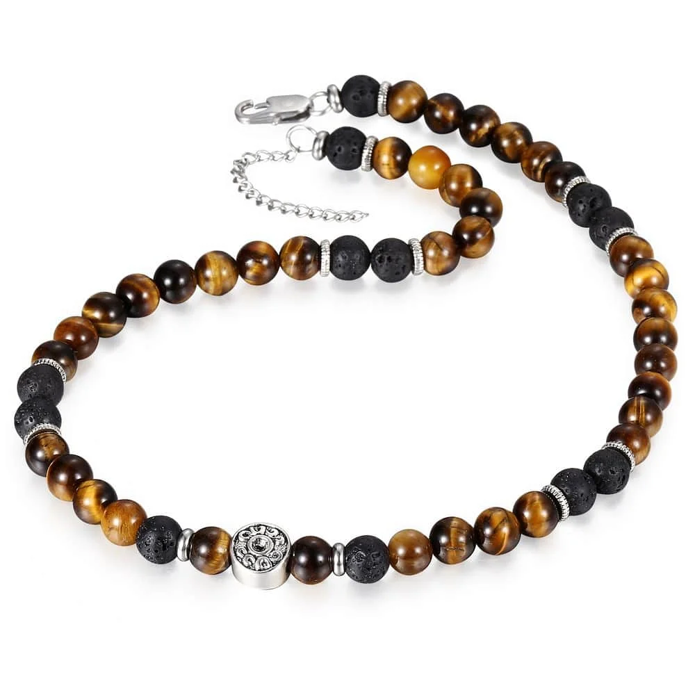 18inch Natural Tiger Eyes Stone Lava Bead Choker Necklace for Men Women Stainless Steel Beaded Charm Extension Link DNM22A