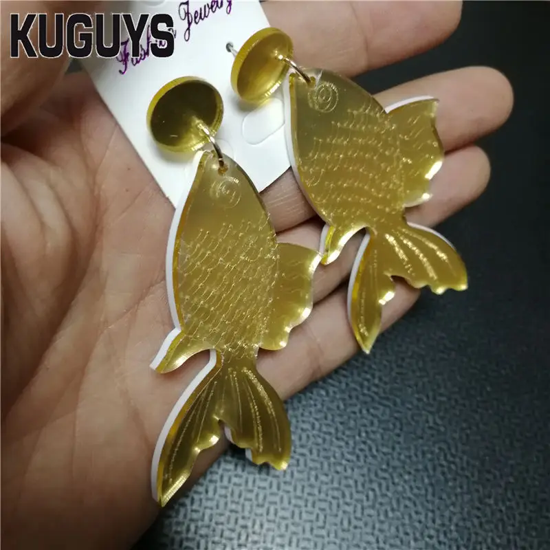 KUGUYS Acrylic Jewelry for Women Long Drop Dangle Earrings Fashion Mirror Pink Gold Color Good Luck Koi Fish Girl\'s Gift