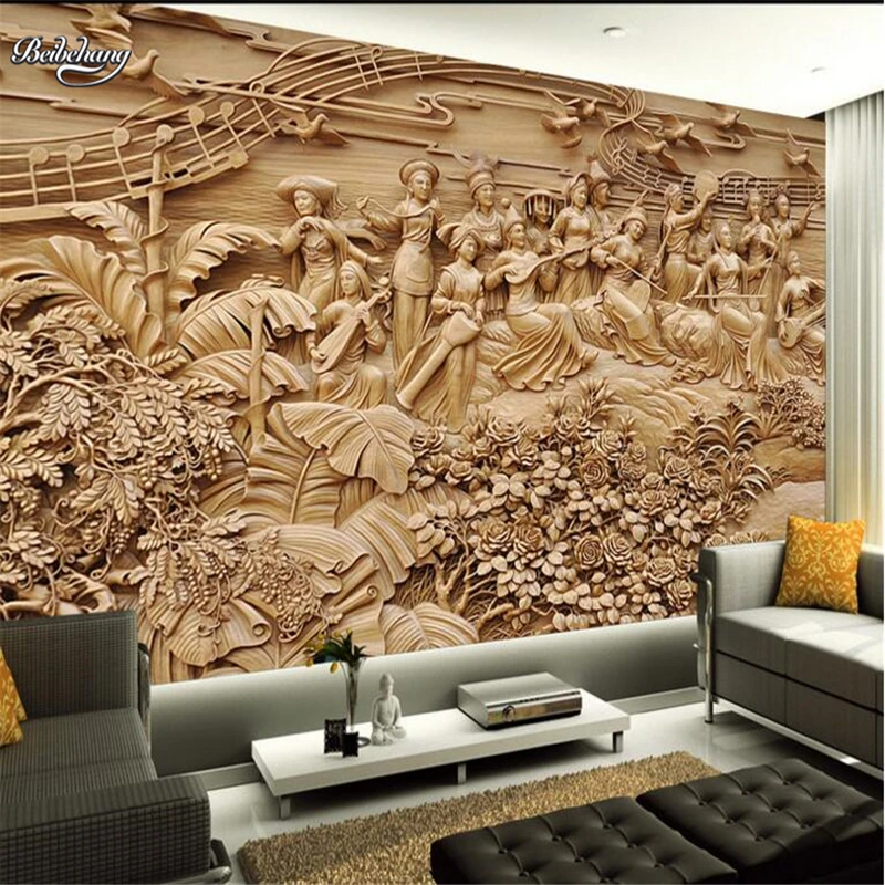 

beibehang Large wooden carvings ethnic style murals TV backdrop custom large fresco nonwovens super green wallpaper