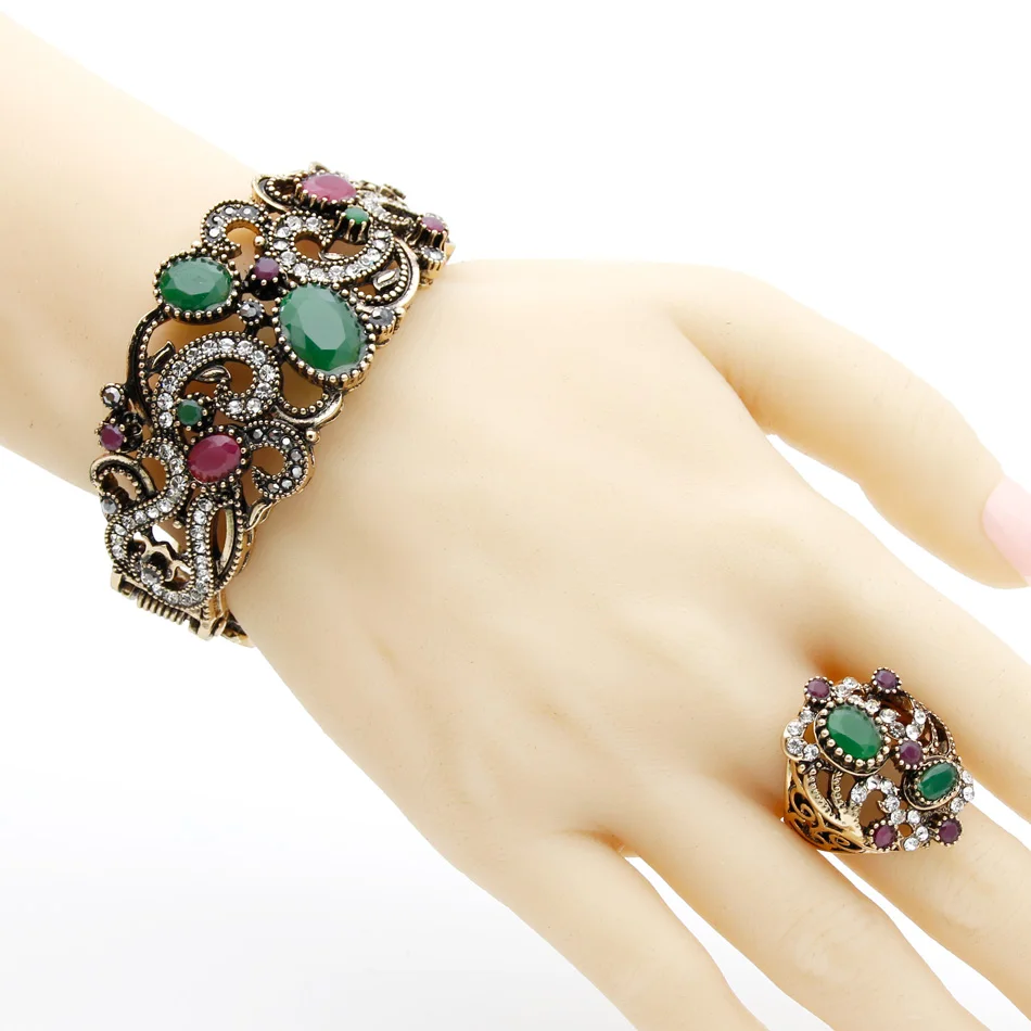 Sunspicems Bohemia Style Women Bangle Ring Sets Vintage Indian Banquet Jewelry Turkish Ethnic Bride Jewelry Sets Cuff Bracelet