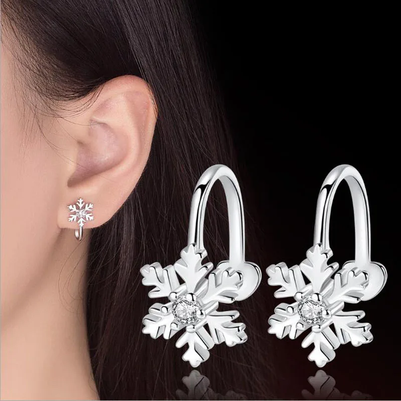 KOFSAC New Fashion 925 Silver Earring Non Pierced Shiny CZ Snowflake No Hole Ear Clip Earrings For Women Christmas Jewelry Gifts