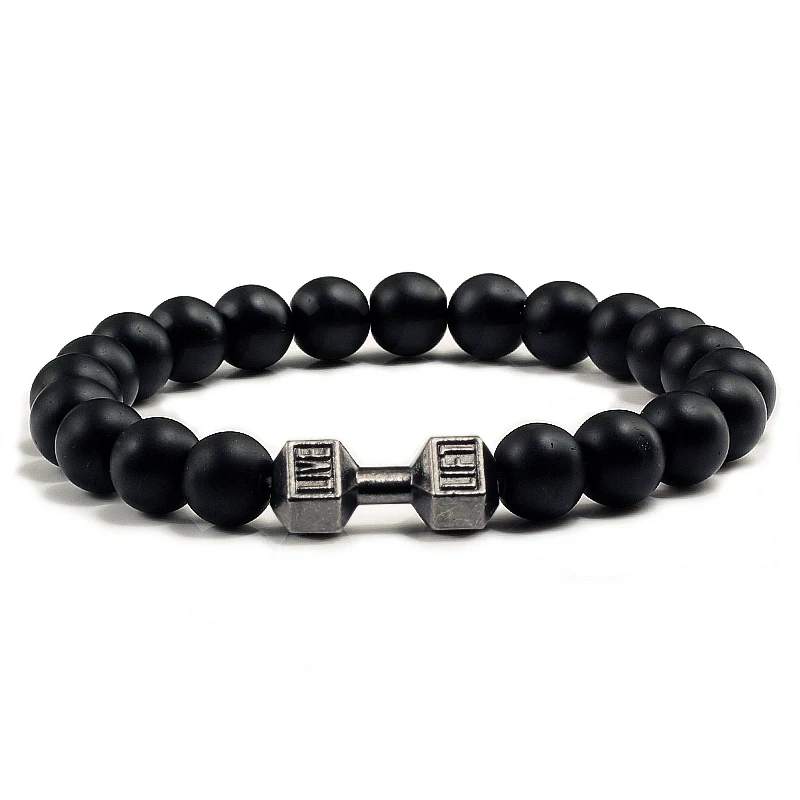 New Dumbbells Bracelets Bead Fashion Natural Fit Life Black Stone Beaded Bracelet For Men\'s Energy GYM Barbell Jewelry Gifts