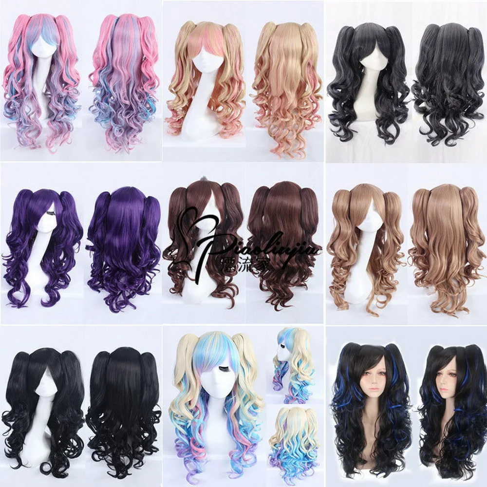 

Fashion Sexy Halloween Lolita Long Curly Cosplay Wig With Double Claw Ponytails Halloween Costume Party Wigs For Women