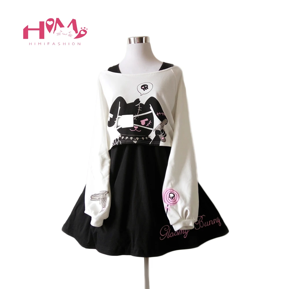 Black Comic Rabbit Lolita Dress Teens Girls Casual Sweet Kawaii Short Dress Cute Bunny Print Long Sleeve Dress 2021 Japanese