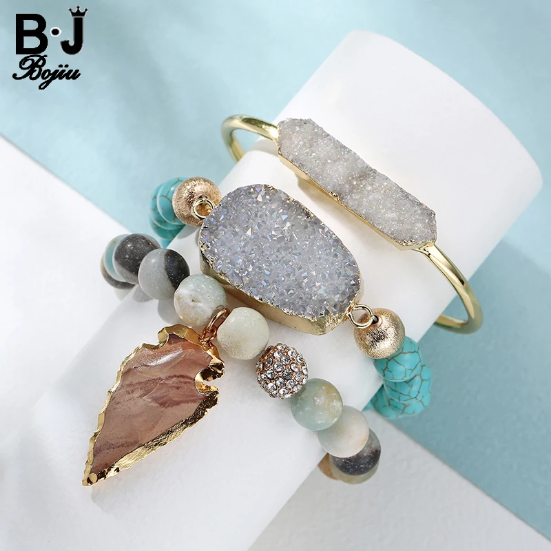 

BOJIU 3pcs/Set women's Jewelry Laddy's Beaded Bracelet Leaves Pendant With Natural stone Women's gift BCSET36