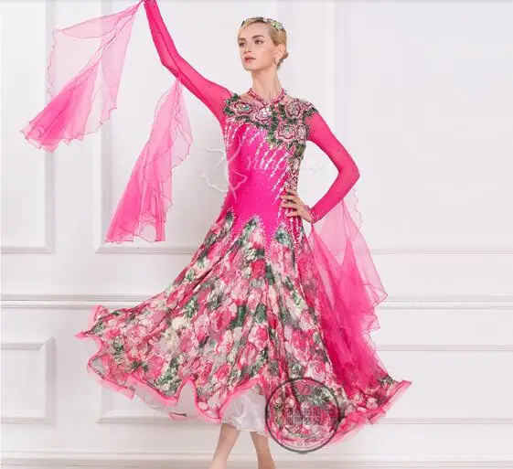 

customize elegant pink flower Puff sleeve glove Fox trot Waltz tango rhinestone standard ballroom dance dress