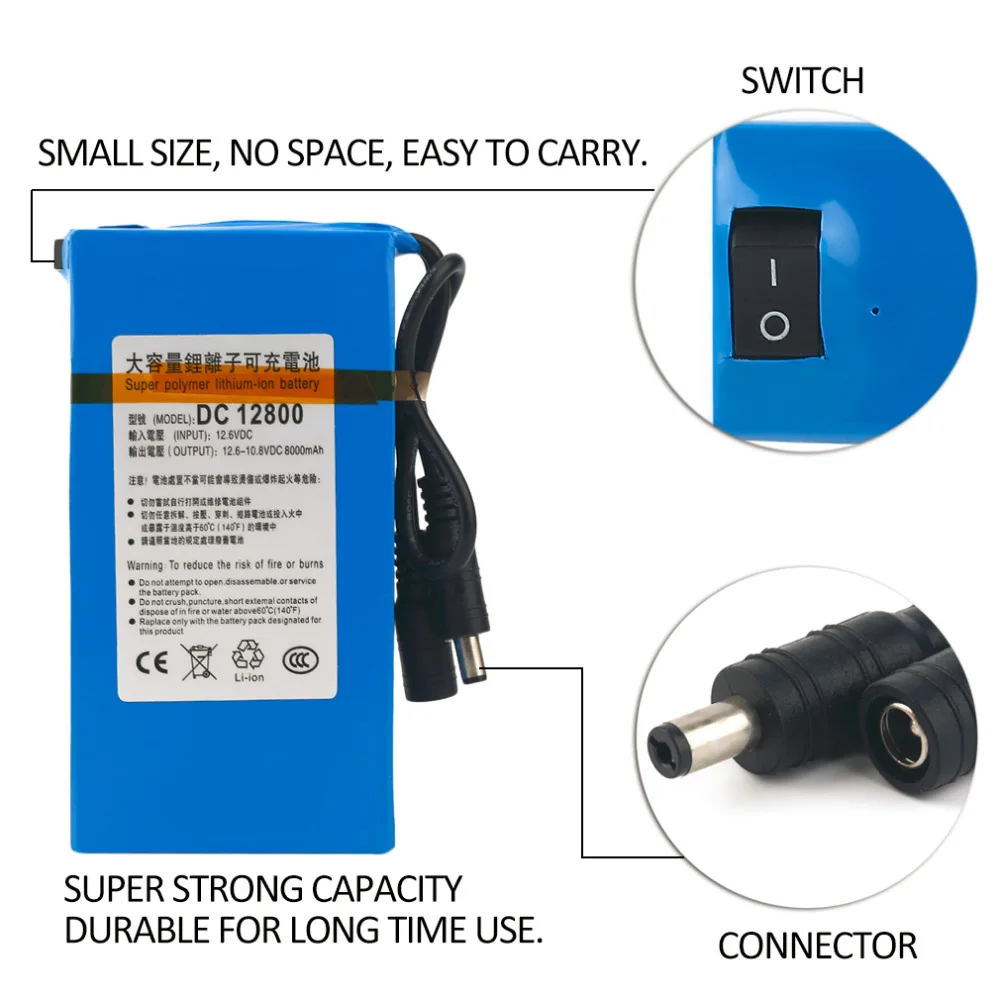 New 12V Battery Pack 8000mAh DC 12.6V Rechargeable Lithium Battery for Street Light Instrument LED Standby Power Cell+EU Charger