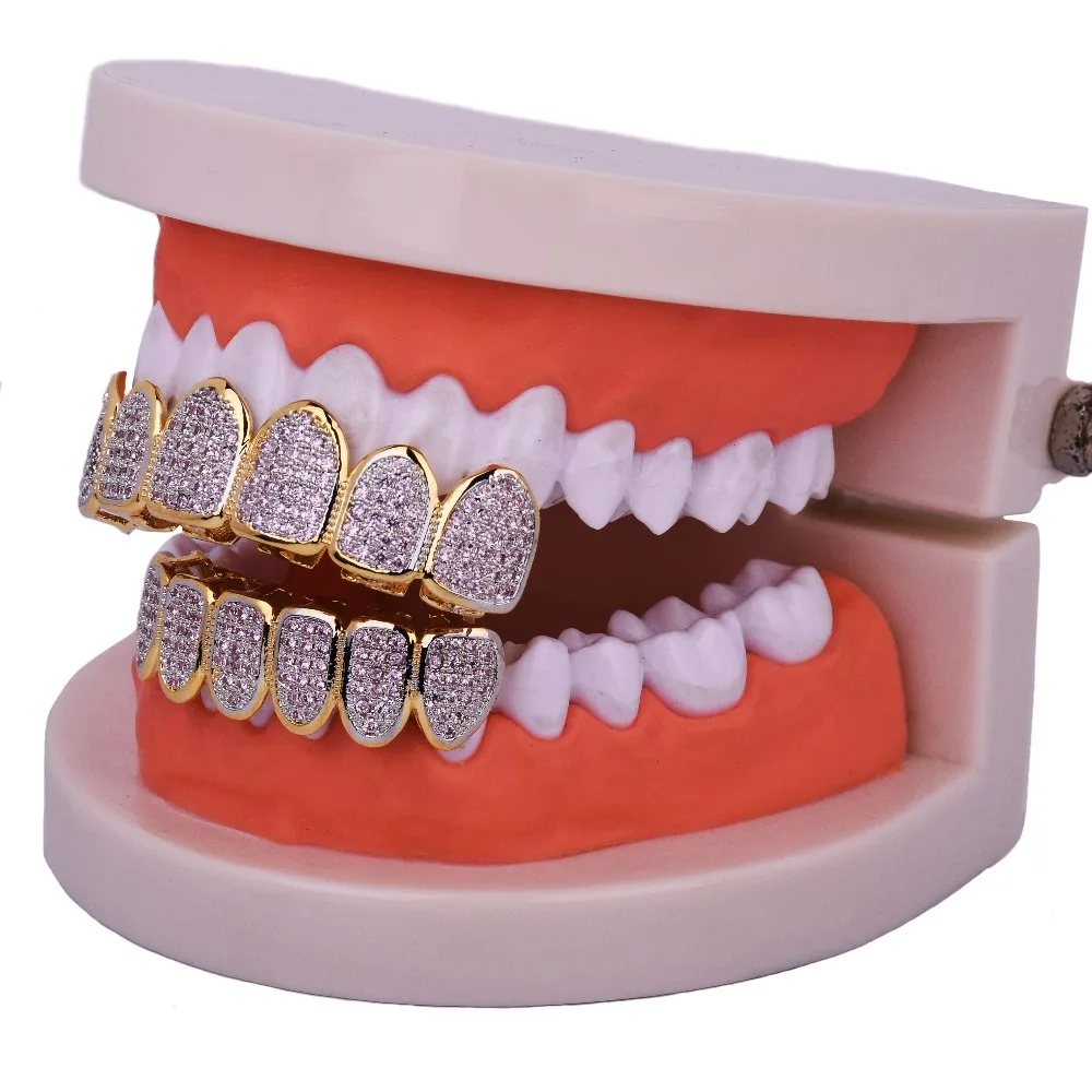 Hip Hop teeth Grillz Iced Out AAA Pink Color Zircon Fang Mouth Teeth Caps Top & Bottom Tooth Set Men Women Grills Jewelry