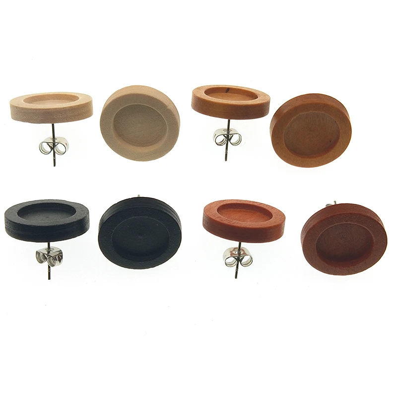 20pcs/lot Blank Wood Cabochon Earring Base Stainless Steel Post Stud Earrings Settings Fit 12mm Glass for Diy Jewelry Findings