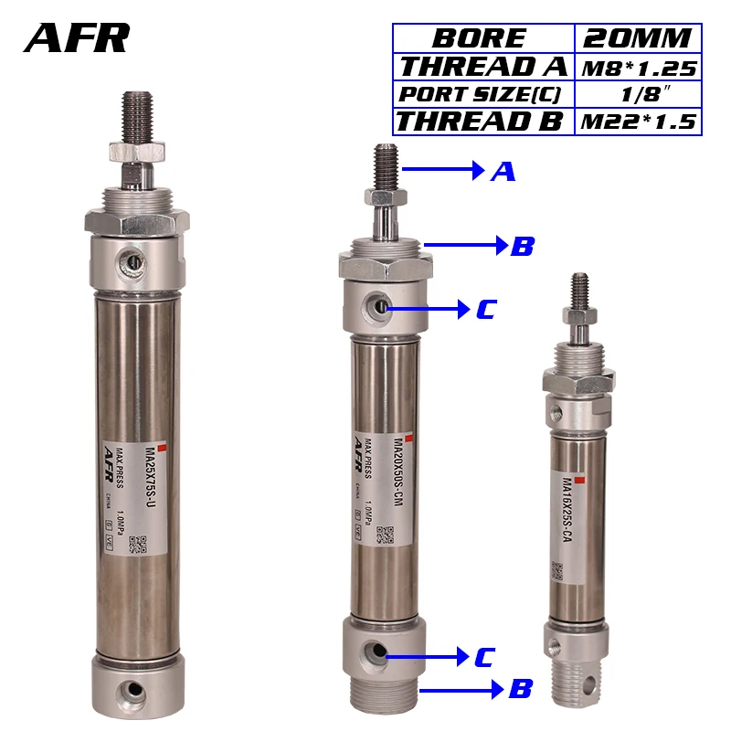 AIRTAC TYPE Stainless Steel Air Mini Pneumatic Cylinder Double Acting With Magnetic MA20X25SCM X30 50SU 75SCA 100SCM -125S-U