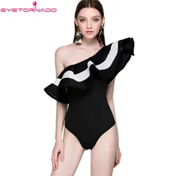 Women Sexy Bodycon Bodysuit Summer Color Block Ruffled Vocation Jumpsuit One Shoulder Beach Boho Short Playsuits Rompers Overall