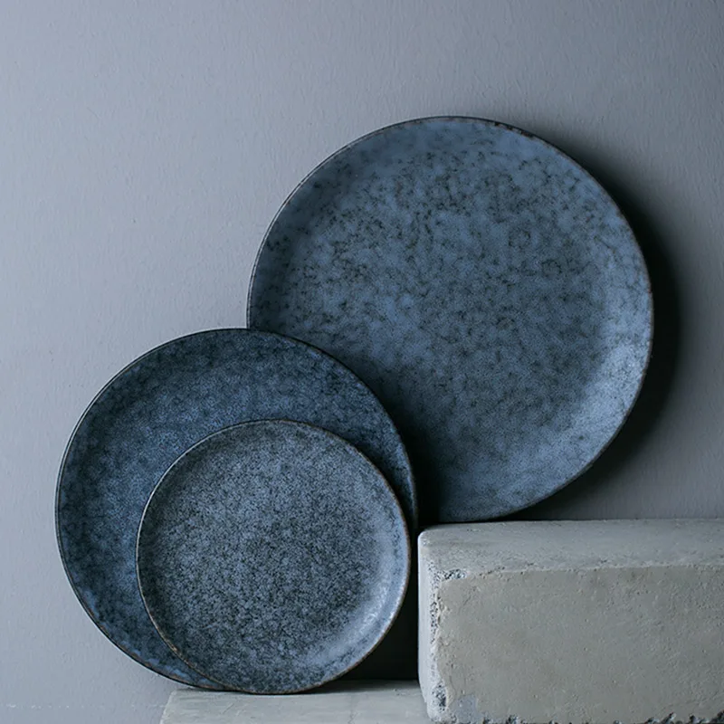 Kinglang Round Dinner Plate Home Use Ceramic Dish Grey Marble Color Solid Plate Wholesale