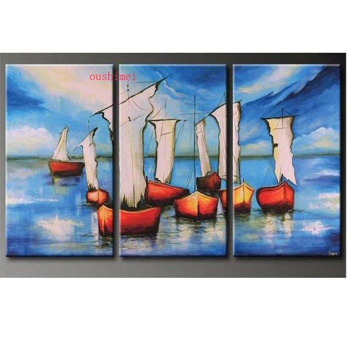 New Hand-painted Wall Art Blue Ocean Beach Sailing Home Decoration 3pcs/set Boat Landscape Oil Painting On Canvas