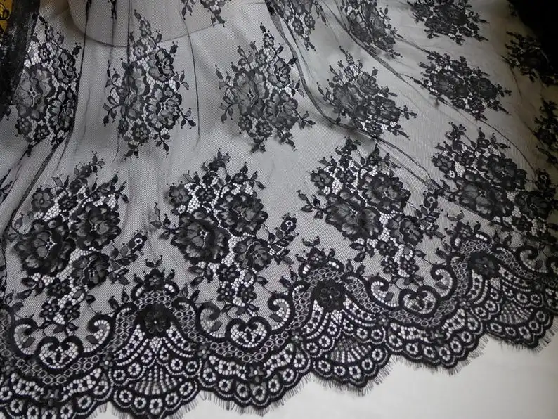 1 yard Elegant Black Chantilly Lace Fabric Retro Scallop Eyelash Edge Design for Dress, Skirts, Lingerie