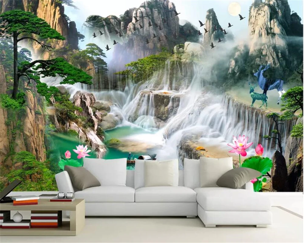 Custom 3D Wallpaper Waterfall Forest Landscape Lotus Deer Art Mural Life Bedroom Children Room Photo wallpaper 3d