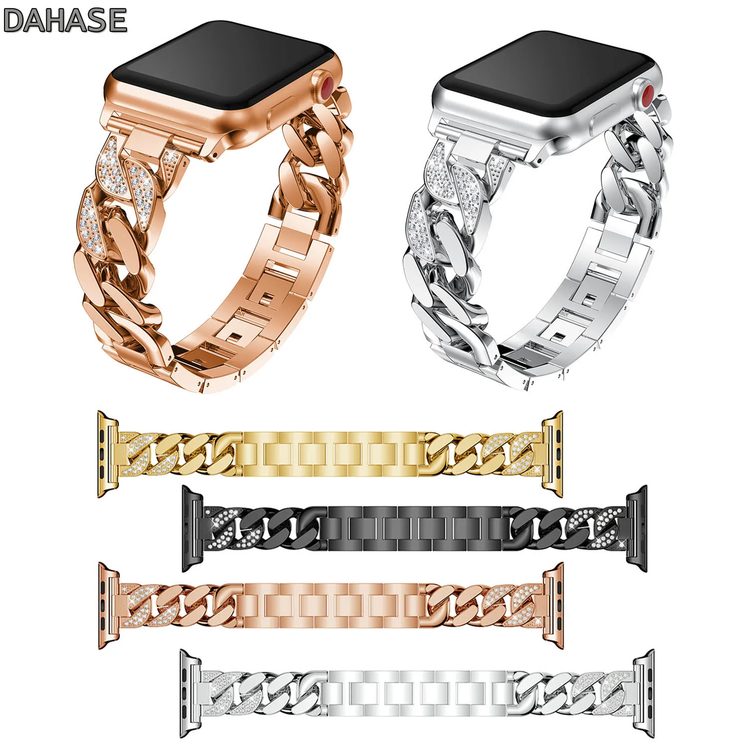 

Ремешок из нержавеющей стали для Apple Watch Band 38 40 42 44 мм, ковбойский браслет-цепочка со стразами для iWatch Series 6 5 4 3 2 1,