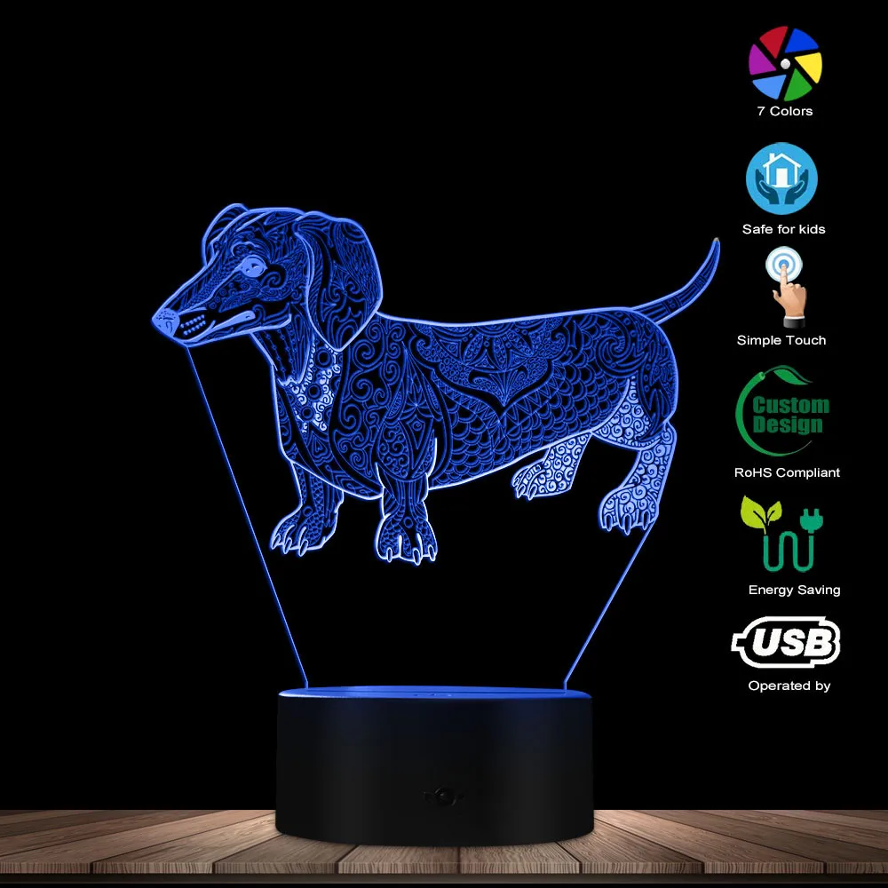 Cute Temperament Abstract Dachshund Dog Custom Name 3D Optical Illusion Light Glowing LED Lamp Pet Lover Owner Lighting Gift