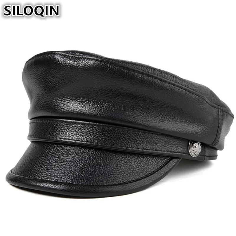 SILOQIN Genuine Leather Hat Cowhide Sheepskin Military Hats For Men And Women Fashion Brands Flat Cap New Autumn Women's Hats