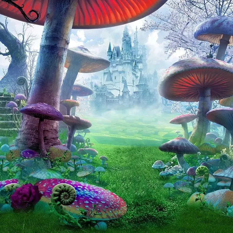 

Fairy Tale Wonderland Mushrooms Photography Backdrop Printed Castle Kids Birthday Party Photo Booth Background Green Grass Floor