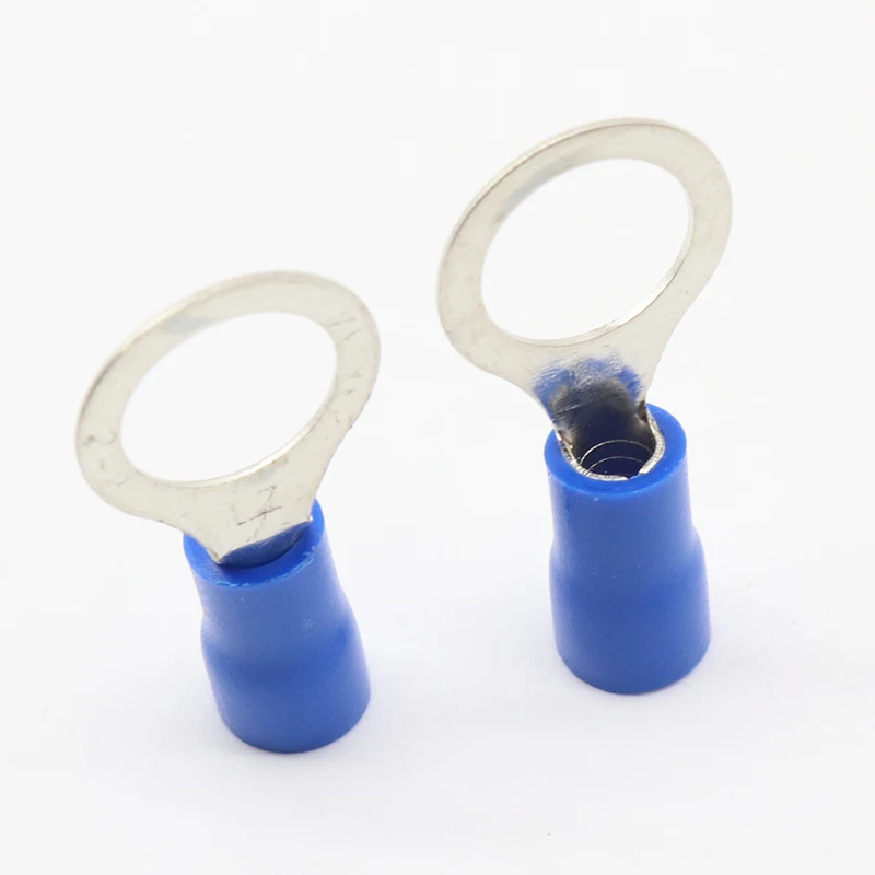 Conector de Cable de terminal aislado de anillo azul, 100 unids/paquete, traje de 1,5-2,5mm, Terminal de crimpado eléctrico RV2-8 RV