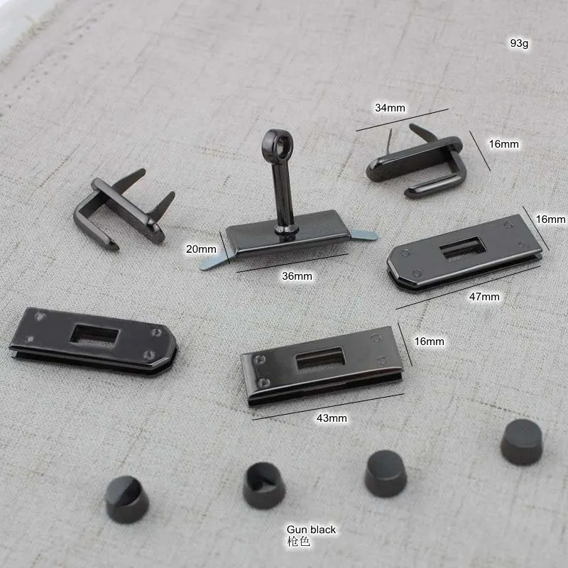 Gun black rectangle eyelets lock hanger panel for bags hardware wholesale fashion a set of locks fittings woman handbags purse