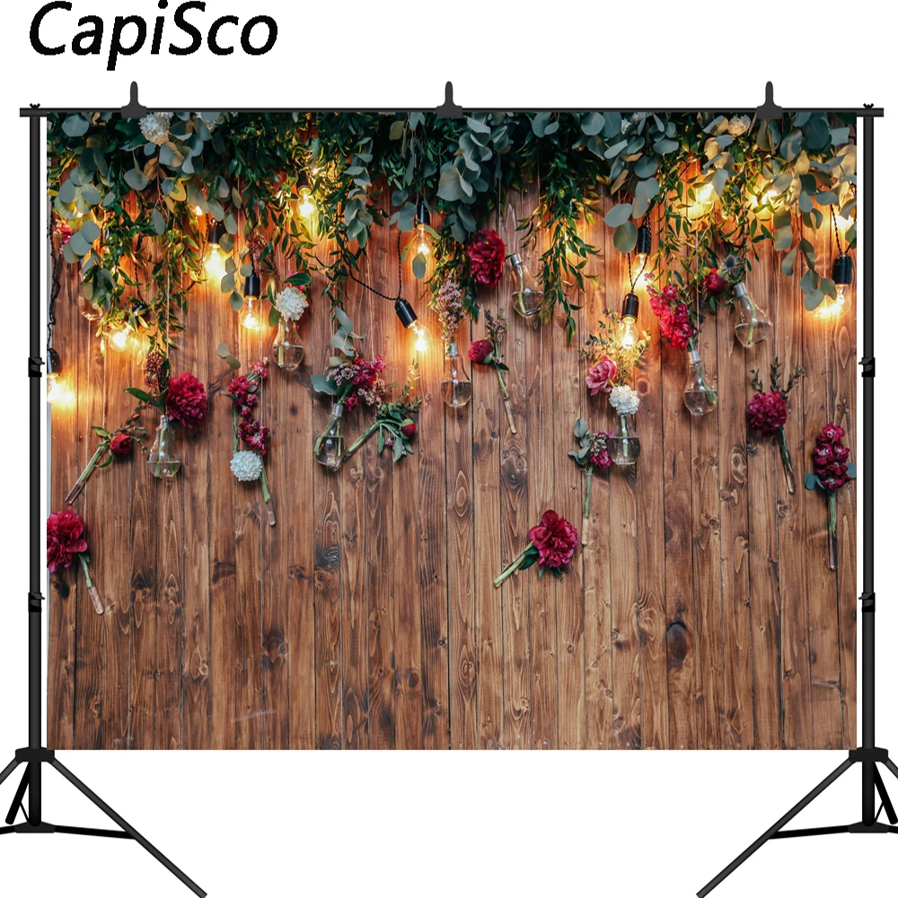 

Capisco photography backdrop rustic wedding lamp Wooden wall rose party background custom photocall photobooth photo shoot prop