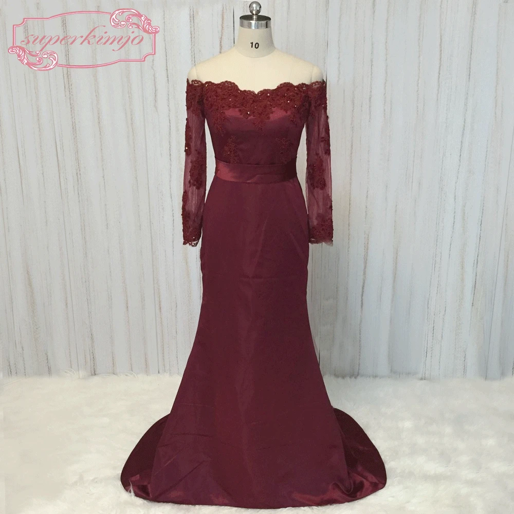 SuperKimJo Vestidos De Fiesta Burgundy Evening Dresses Long Sleeve Lace Applique Beaded Mermaid Modest Formal Party Dresses