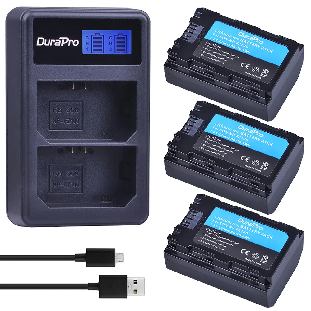 DuraPro 3PC 2280mAH NP FZ100 Battery + LCD Charger for Sony BC-QZ1 Alpha 9, A7RIII, ILCE-7RM3,A9R, Alpha 9s,A6600,A6700 Camera