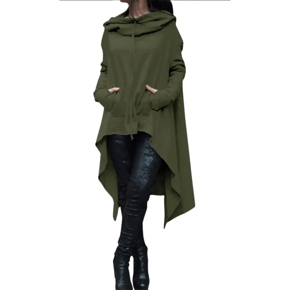 Autumn Winter Women Irregular Draw Cord Coat Long Sleeve Loose Casual Poncho Hooded Pullover Long Hoodies Sweatshirts