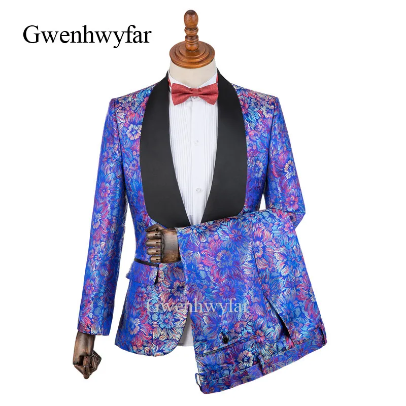 

Gwenhwyfar Design Colorful Jacquard Men Suit Dark Blue 2 Pieces Stylish Tuxedo Custom Groom Suits Prom Blazer Terno Masculino