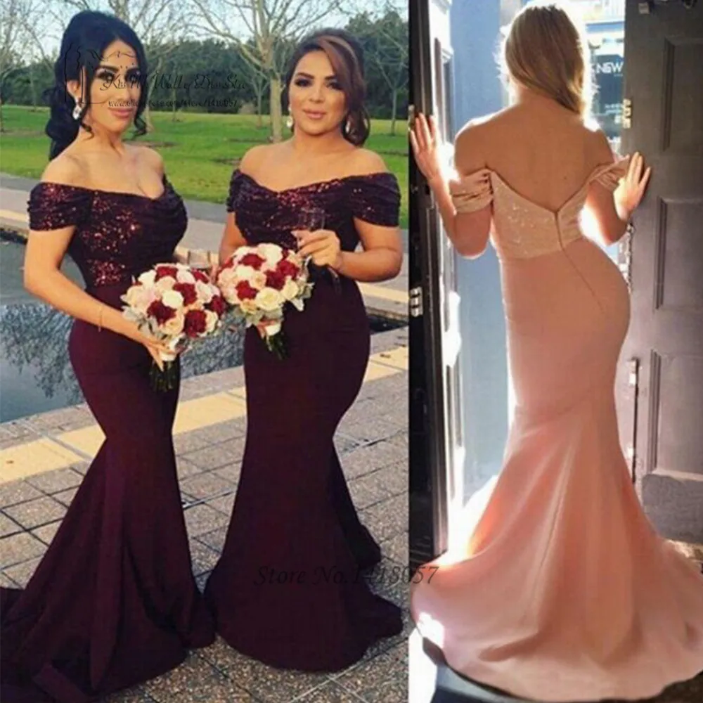 

Vestido de Festa de Casamento African Sexy Mermaid Burgundy Bridesmaid Dresses Long Sequin Sparky Pink Wedding Party Dress 2017