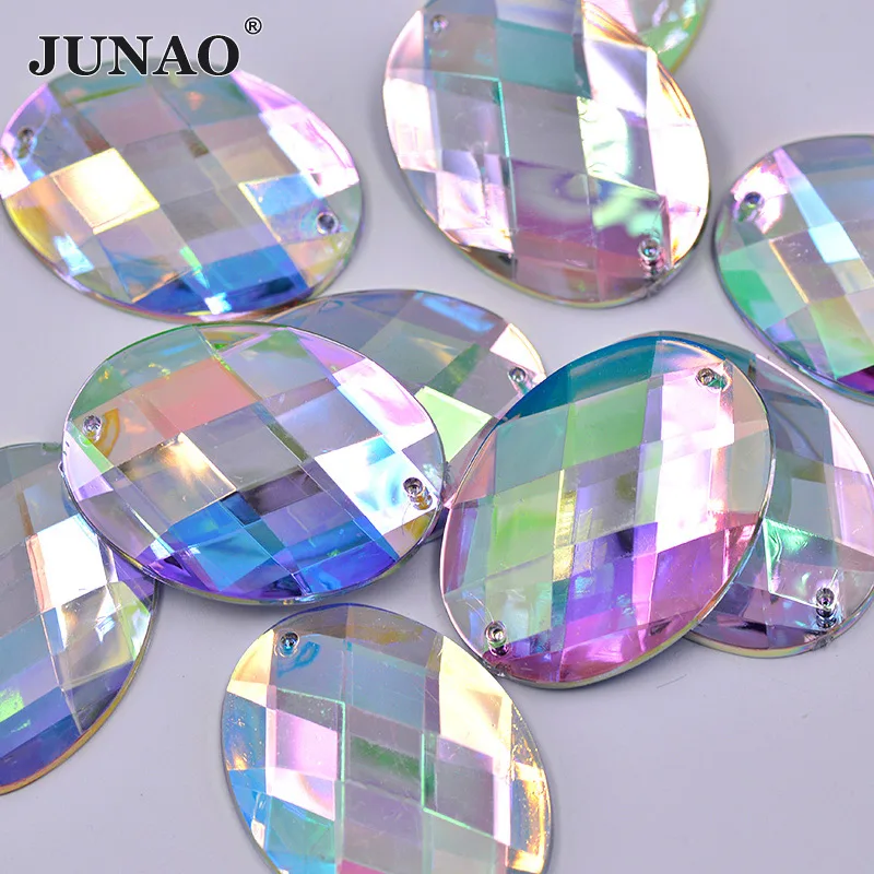 JUNAO 30*40mm 20pcs Big Size Sew On Crystal AB Oval Rhinestone Applique Sewing Crystals Stones Flatback Scrapbook Acrylic Strass