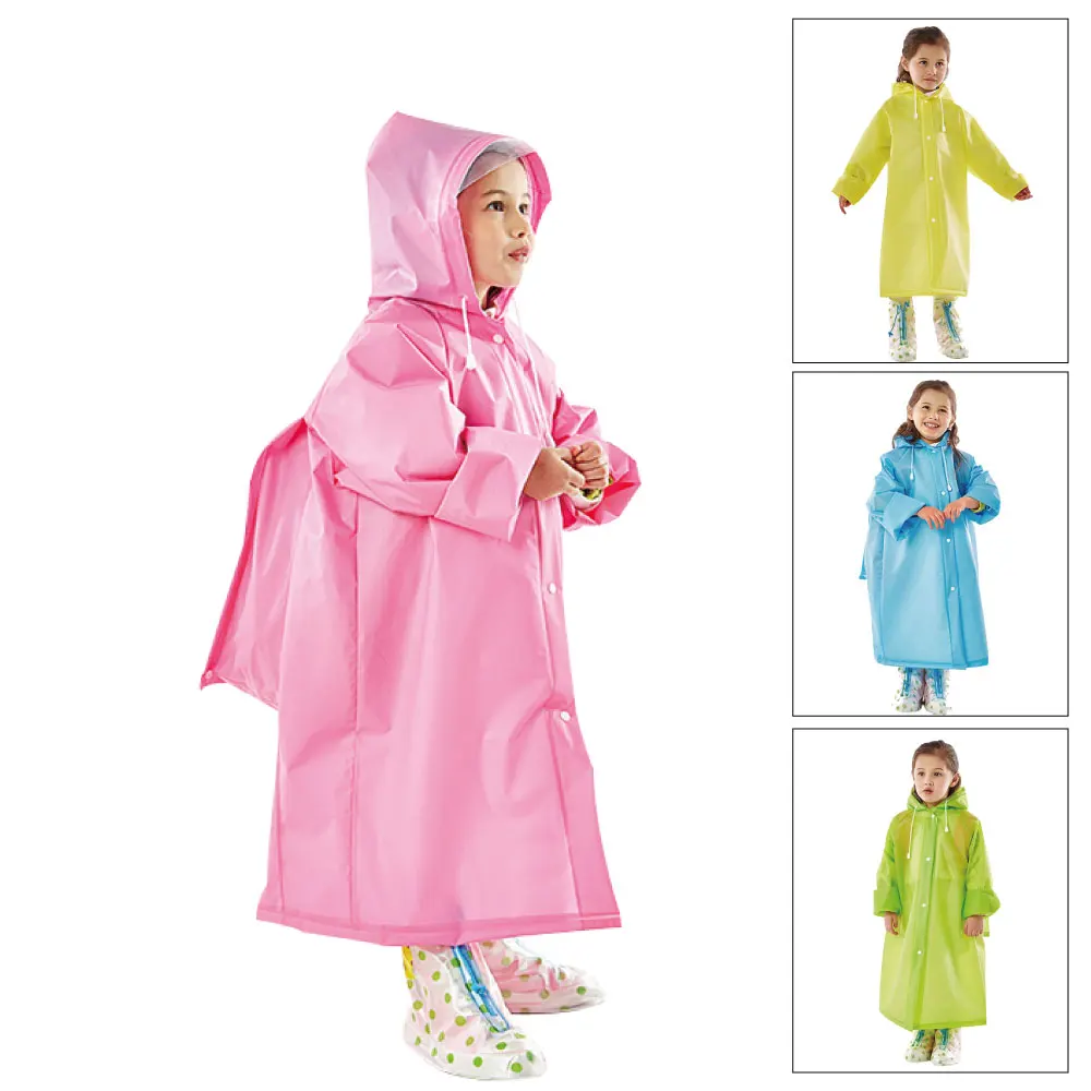 Good quality reusable Impermeable Kids Girls boys waterproof school backpack hooded Rain Coat Poncho Rainwear with sleeves