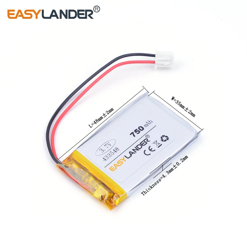 XHR-2P 충전식 리튬 이온 폴리머 배터리, 750mAh, 3.7V, 433548 2.54