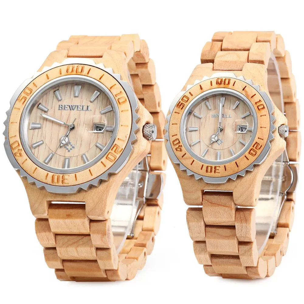 BEWELL Luxury Brand Pair of Couple Quartz Watch Waterproof Calendar Men Women Wood Watch Lover\'s Wristwatches relogio