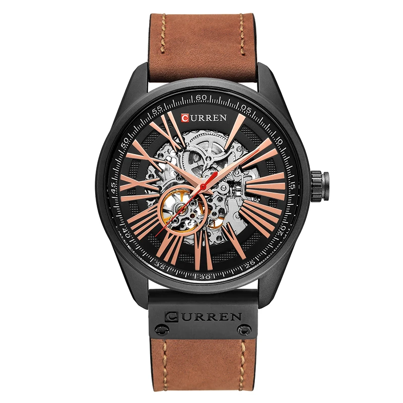 New CURREN Watch Men Skeleton Tourbillon Mechanical Watches Male Leather Automatic Self-wind Sports Clock Relogio Masculino